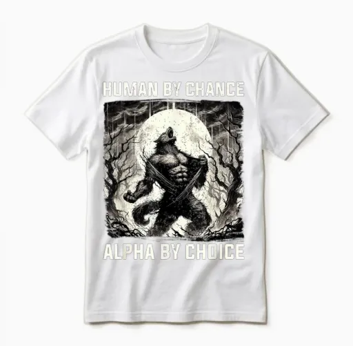 Human by Chance Alpha by Choice Funny Wolf Meme Unisex T-Shirt in White