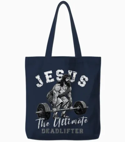 Jesus the Ultimate Deadlifter Funny Christian Workout Gym T-Shirt, Small, Black Tote Bags - Navy