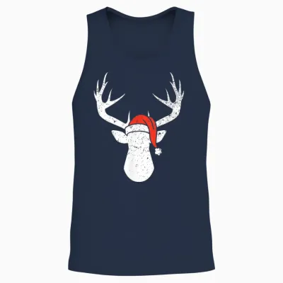 Deer with Santa Hat Christmas Pajama Hunting Gift Unisex Tank Top - Navy