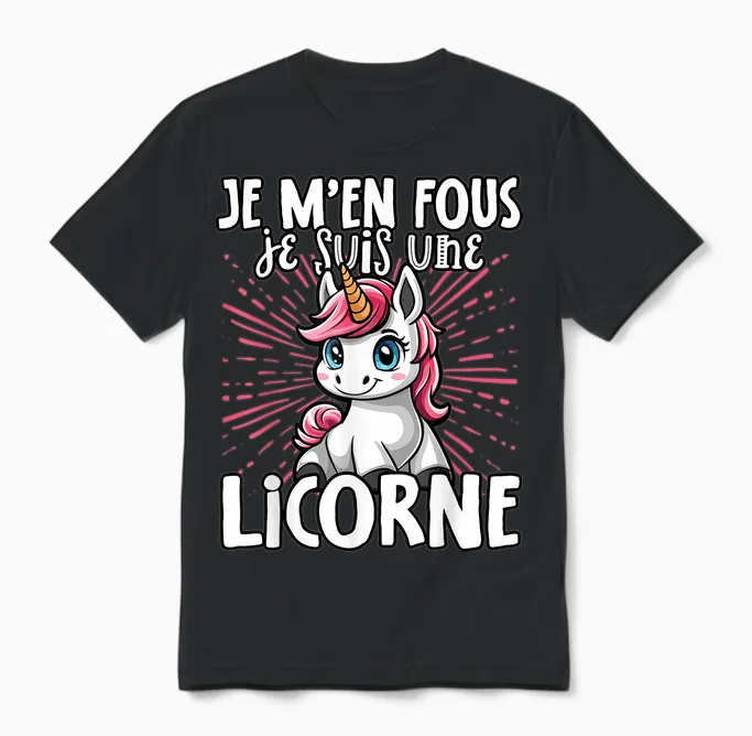 Je M'en Fous Je Suis Une Unicorn Soft T-Shirt, Black, S Unisex T-Shirt in Black