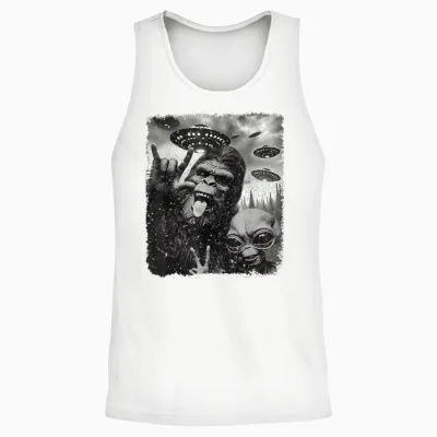 Funny Bigfoot & Alien Sasquatch Rock on Hand Sign Ufo Selfie Unisex Tank Top - White