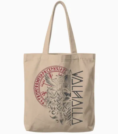 Walhalla Odin with Ravens Runes Nordic Compass Viking Tote Bags - Natural