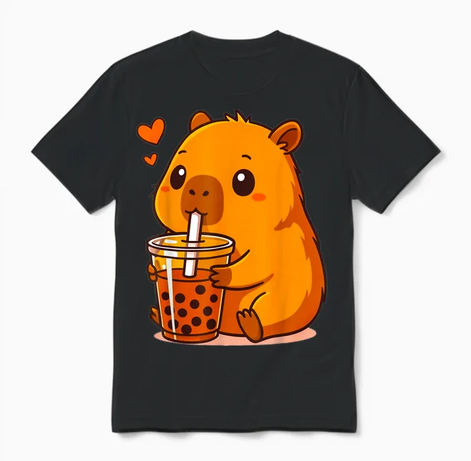 Kawaii Capybara with Bubble Tea Sweet Capybara Boba Milk Tea Unisex T-Shirt in Black
