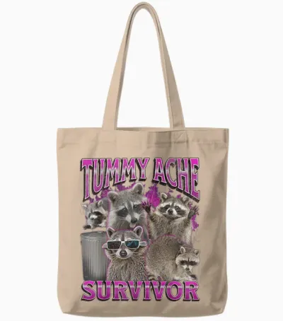 Tummy Ache Survivor Funny Raccoon Meme Bootleg Graphic 90s T-Shirt, Black Tote Bags - Natural