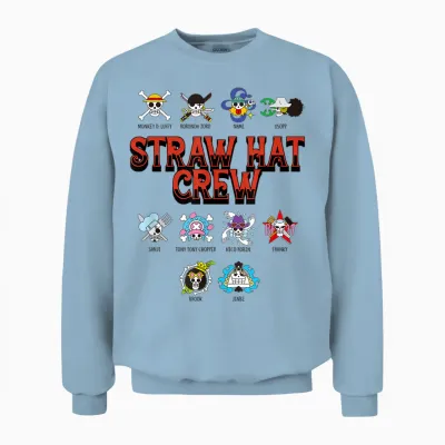 One Piece Anime Straw Hat Crew Jolly Roger Logos Unisex Sweatshirt - Light Blue