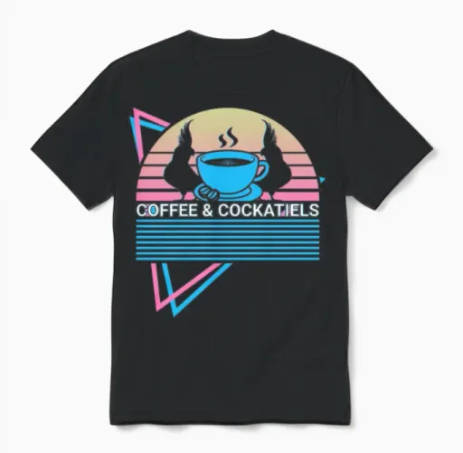 Coffee & Cockatiels Retro Unisex T-Shirt in Black
