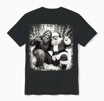 Santa with Bigfoot Christmas Lights Funny Sasquatch Believe Unisex T-Shirt - Black
