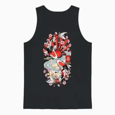 Japanese Koi Carp Fish Cherry Blossom Men Women Unisex Tank Top - Black