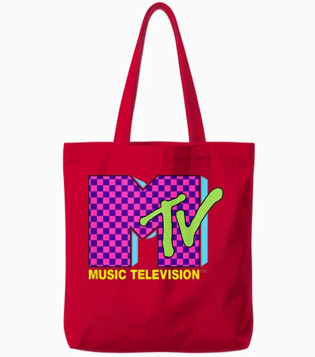 Mtv Music Television Retro 80's Neon Pink Checkerboard Logo Tote Bags in Red