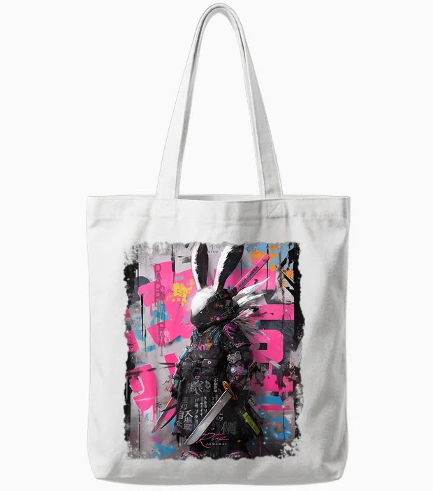 Hip Hop Y2k Hase Hipster Edgy Streetwear Bunny Samurai Tote Bags in White