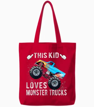 Kids This Kid Loves Monster Trucks Boys and Girls Gift Tote Bags - Red