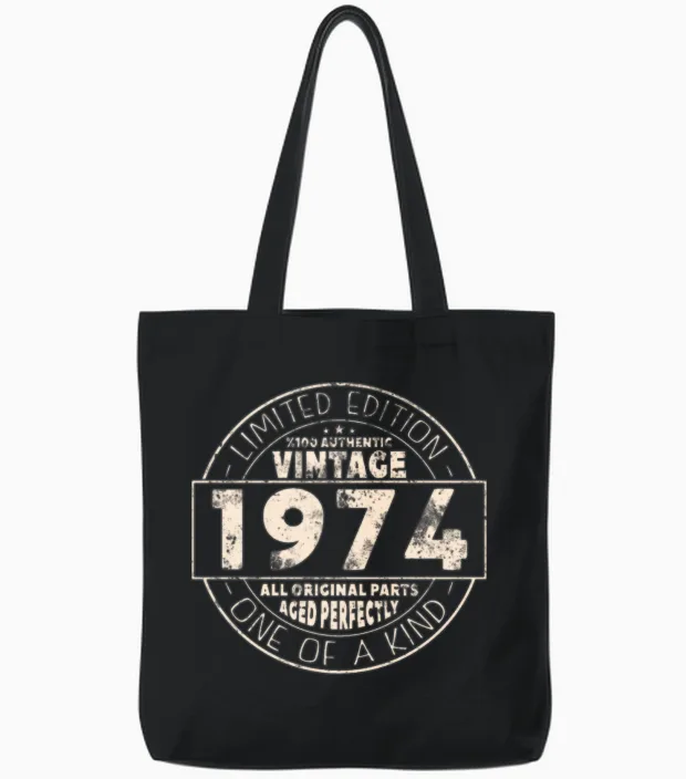 Vintage 1974 Birthday Gift Tote Bags in Black
