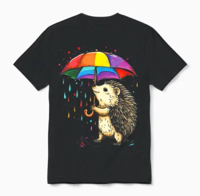 Cute Hedgehog Pattern Rainbow Umbrella T-Shirt, Black, S Unisex T-Shirt - Black