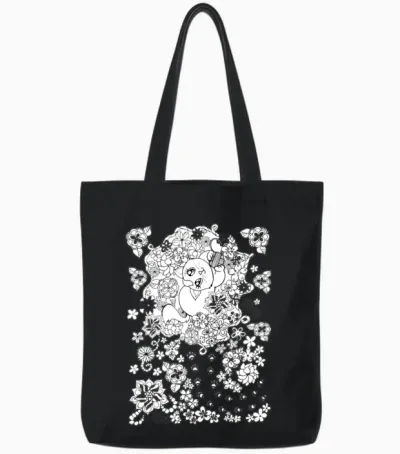Cat and Flowers Tote Bags - Black