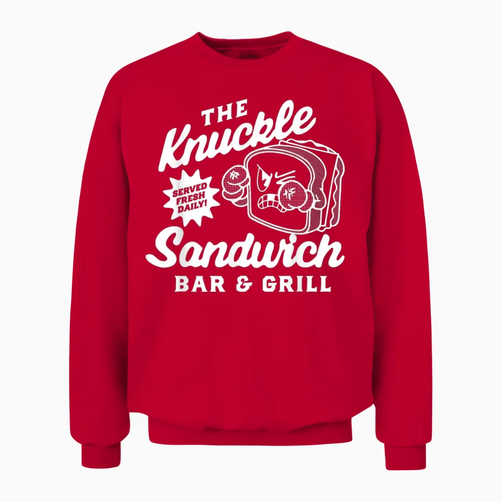 The Knuckle Sandwich Bar & Grill Fighting Joke Bar Humor Unisex Sweatshirt in Red