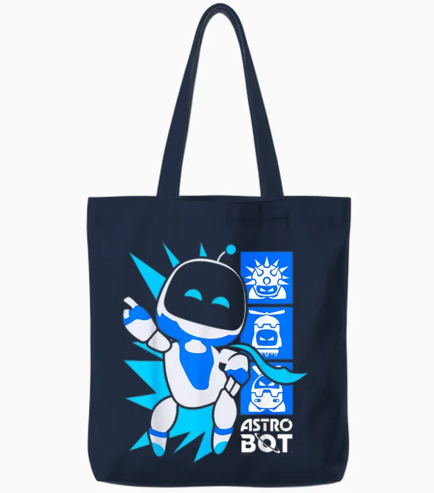 Astro Bot Rescue Mission Victory Pose Video Game Tote Bags in Navy