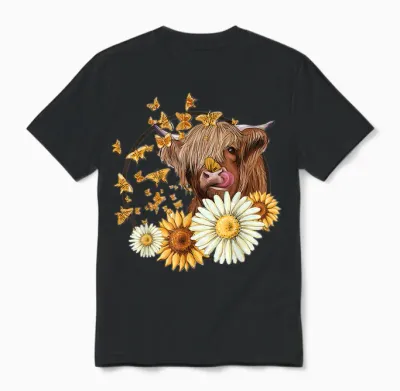 Highland Cow with Sunflower Daisies Butterflies Farm Western Unisex T-Shirt - Black