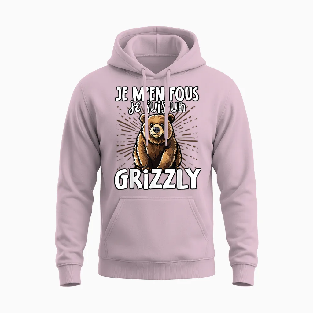 Je M'en Fous Je Suis Un Grizzly - Grizzly Cute T-Shirt, Black, S Unisex Hoodie in Light Pink