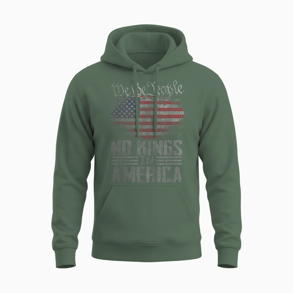 No Kings in America Us Flag Vintage Men Women Unisex Hoodie in Military Green