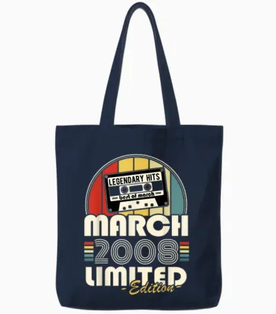 Vintage Birthday 18 Years Born in March 2008 Boys Girls Tote Bags - Navy