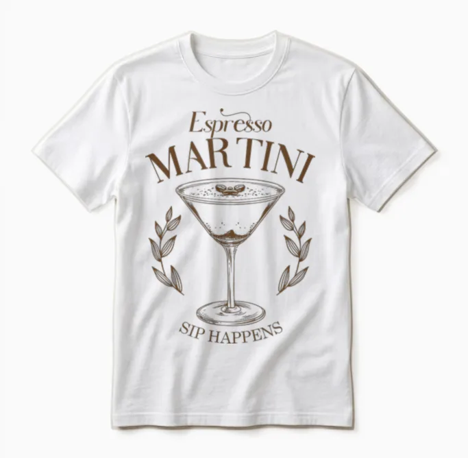 Espresso Martini Cocktail Sip Happens Happy Hour Brunch Date T-Shirt, White Unisex T-Shirt in White