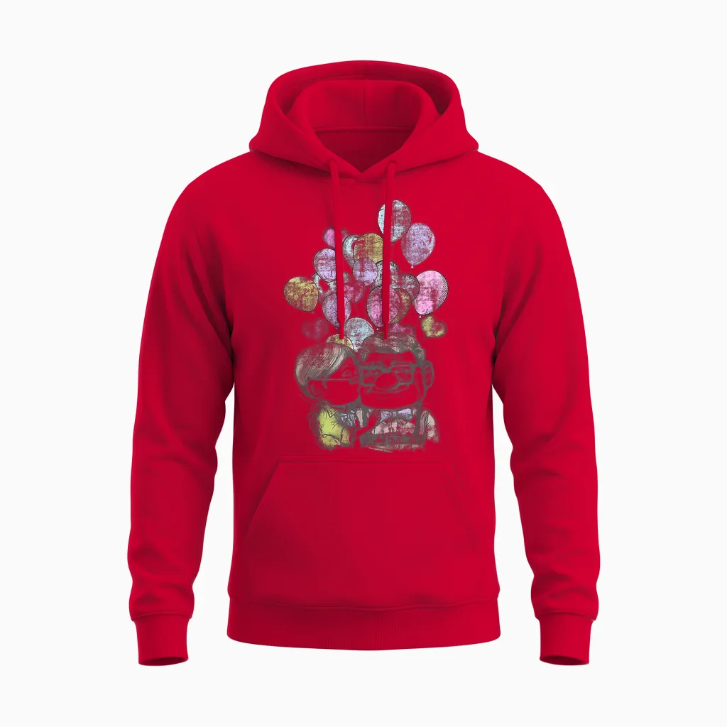 Portrait of Carl and Ellie with Heart Balloons Disney Pixar Up T-Shirt, White, S Unisex Hoodie in Red