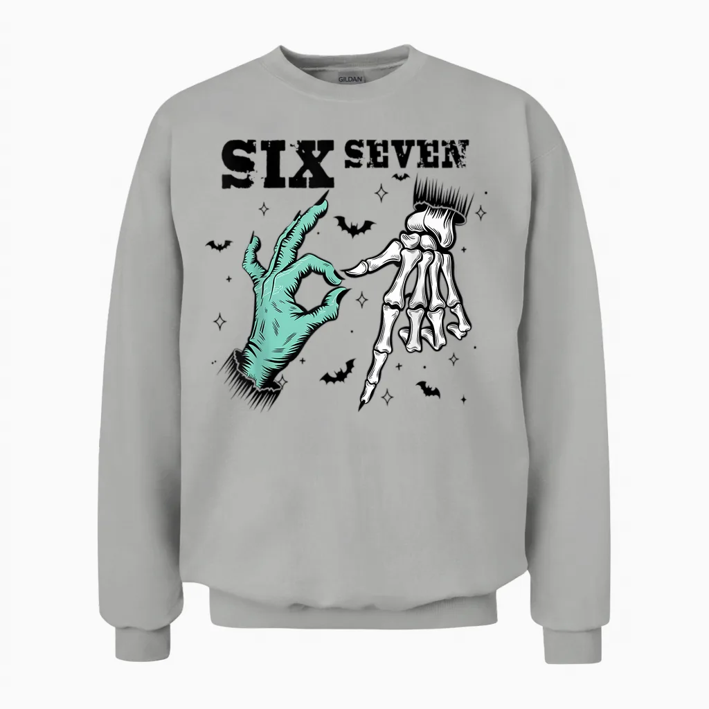 Funny 67 Meme Spooky Skeleton Six Seven Gen Alpha Slang Unisex Sweatshirt in Ash