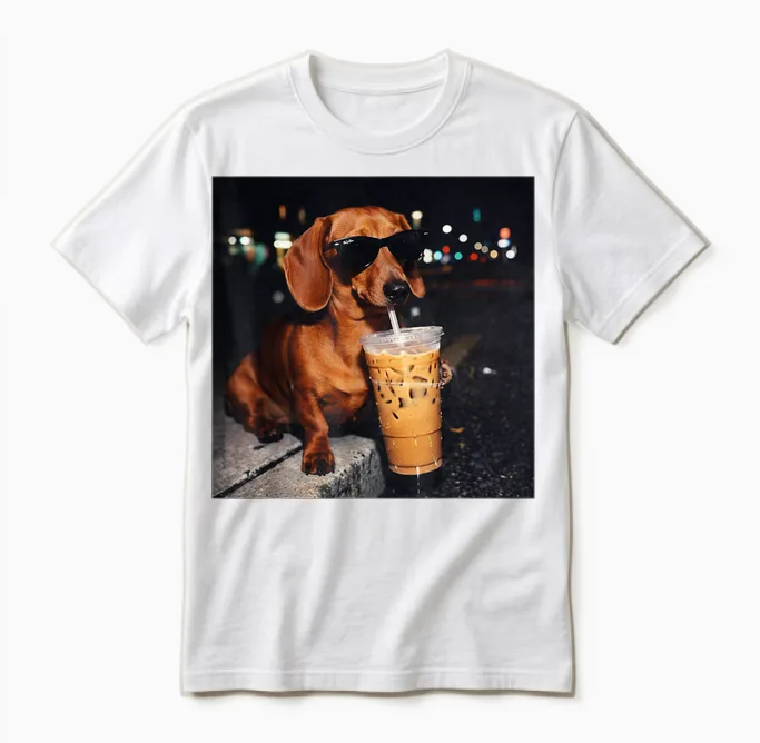 Funny Dachshund Drinking Iced Coffee Lover Humor Unisex T-Shirt in White