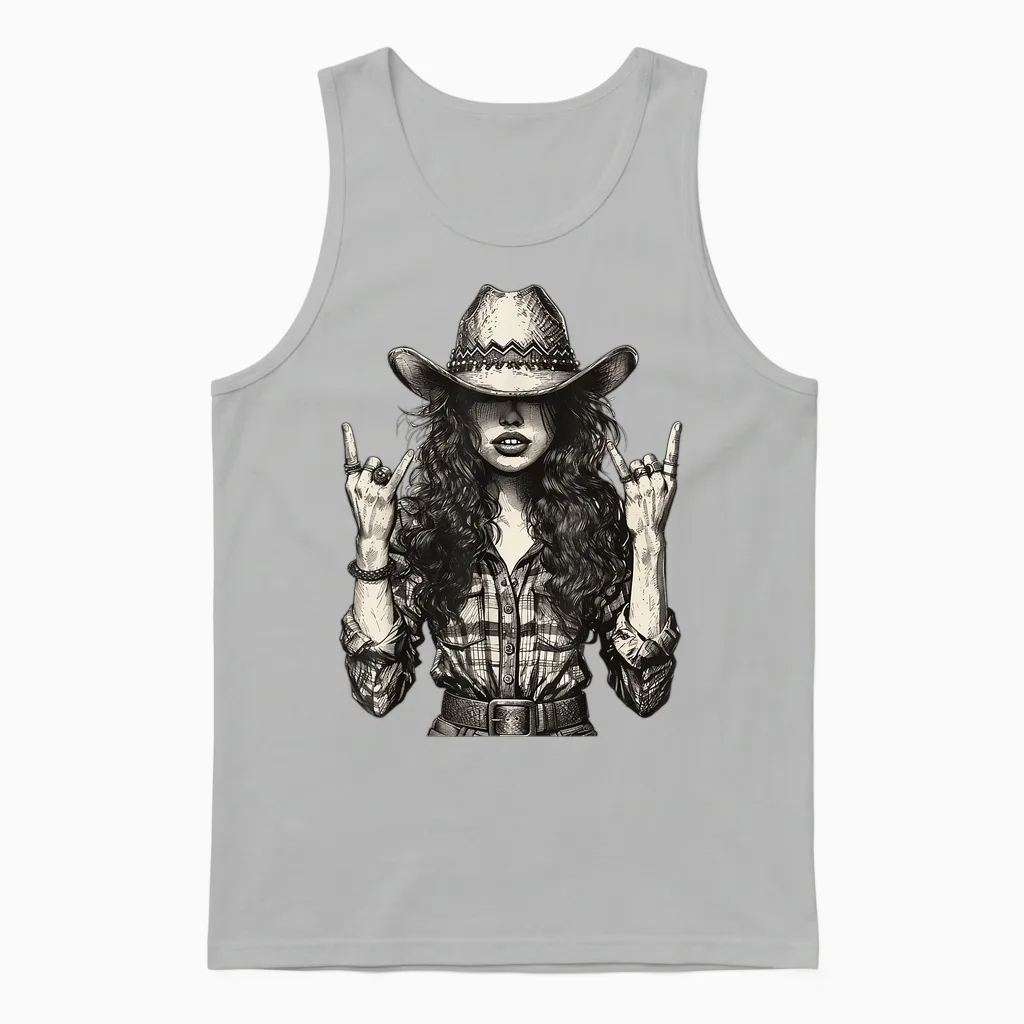 Cowgirl Plaid Shirt Western Cowboy Texas Women Sassy Country T-Shirt, Black, S Unisex Tank Top in Ash