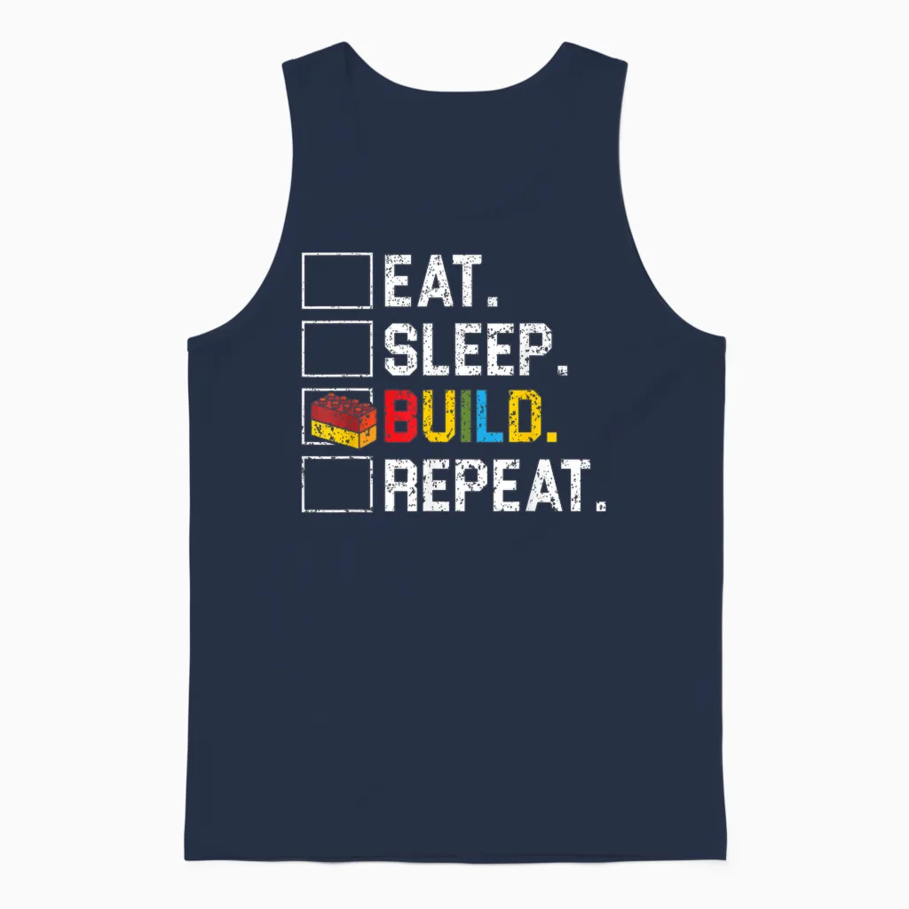 Eat Sleep Build Repeat Master Builder Bricks Blocks Unisex Tank Top in Navy
