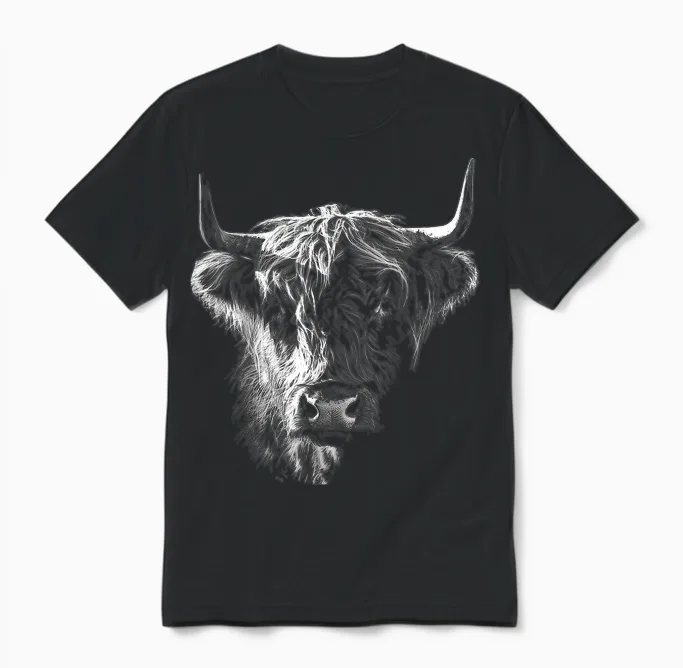 @n!mal Highland Cow Art Gesicht Tier Portrait Grafik Highland Cow T-Shirt Für Tierliebhaber, Familien, Kinder - Unisex - Schwarz - S Unisex T-Shirt in Black