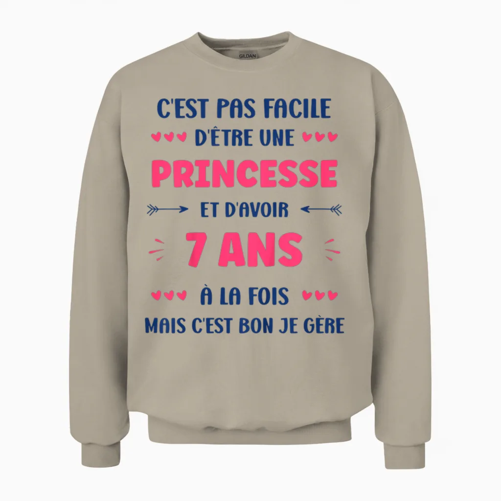 Child Girl 7 Years Child Princess Birthday Humour 7 Years T-Shirt, White, 2 Unisex Sweatshirt in Sand