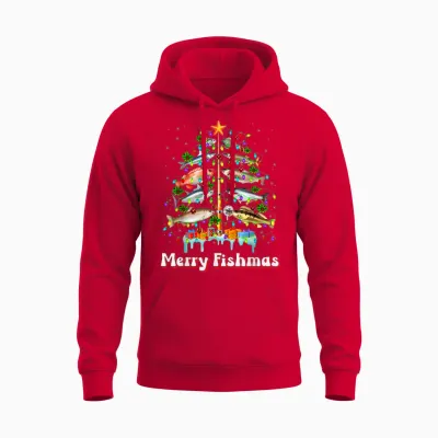 Merry Fishmas Christmas Tree Funny Fish Fishing Fisherman Unisex Hoodie - Red