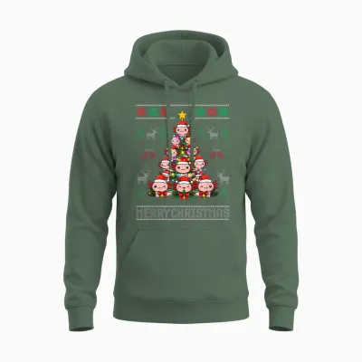 Cute Axolotl Christmas Tree Ugly Sweater Merry Xmas Holiday Unisex Hoodie - Military Green