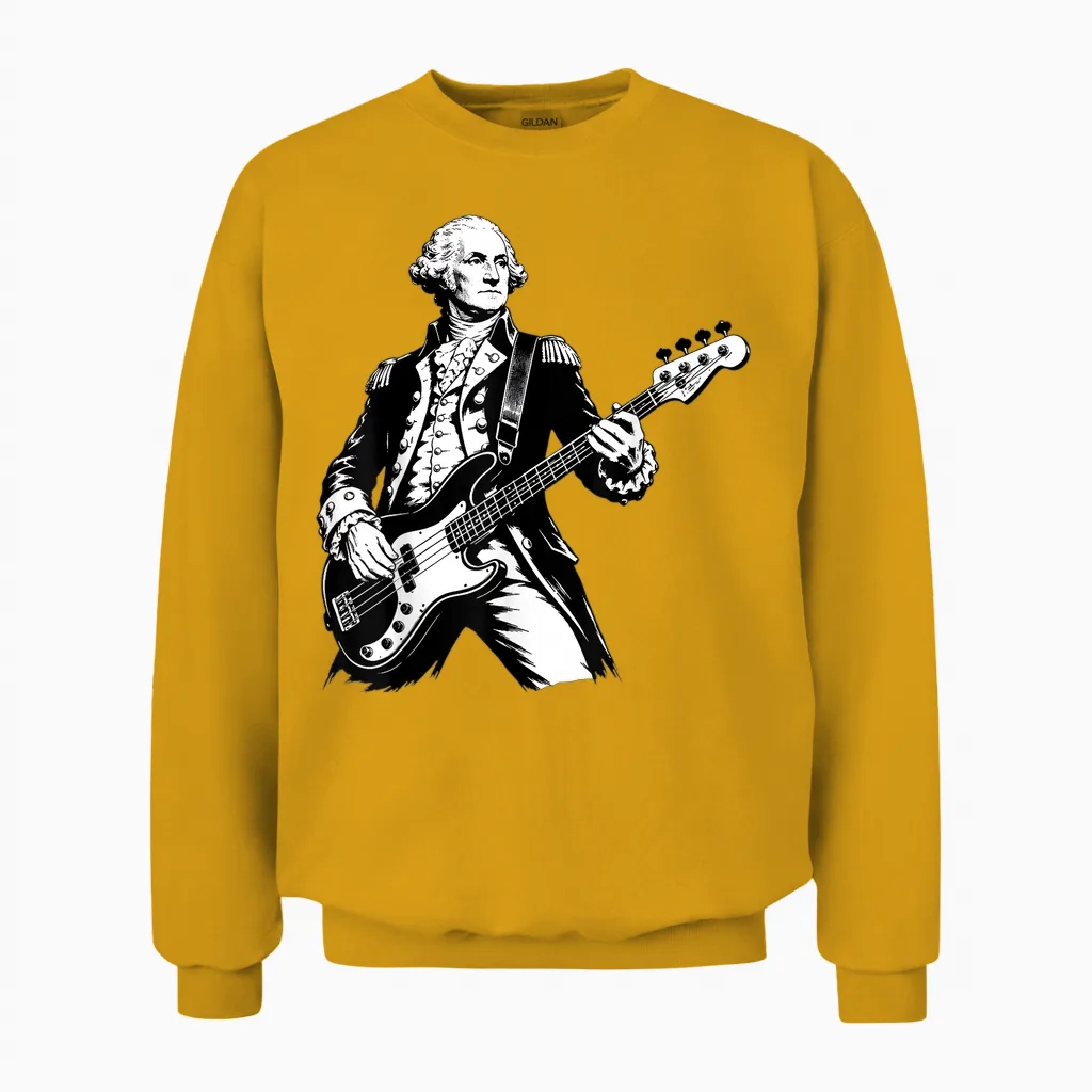 George Washington Playing Bass Guitar, 250 Years 4th of July Unisex Sweatshirt in Gold