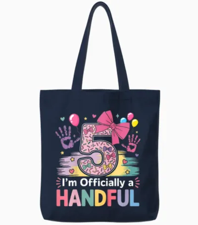 Kids I'm Officially a Handful Five Pink Bow 5th Birthday Girls Tote Bags - Navy
