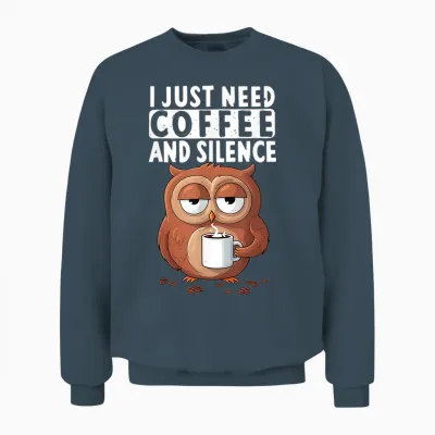 I Just Need Coffee and Silence X Uhu Bird Coffee Owl Unisex Sweatshirt - Dark Heather