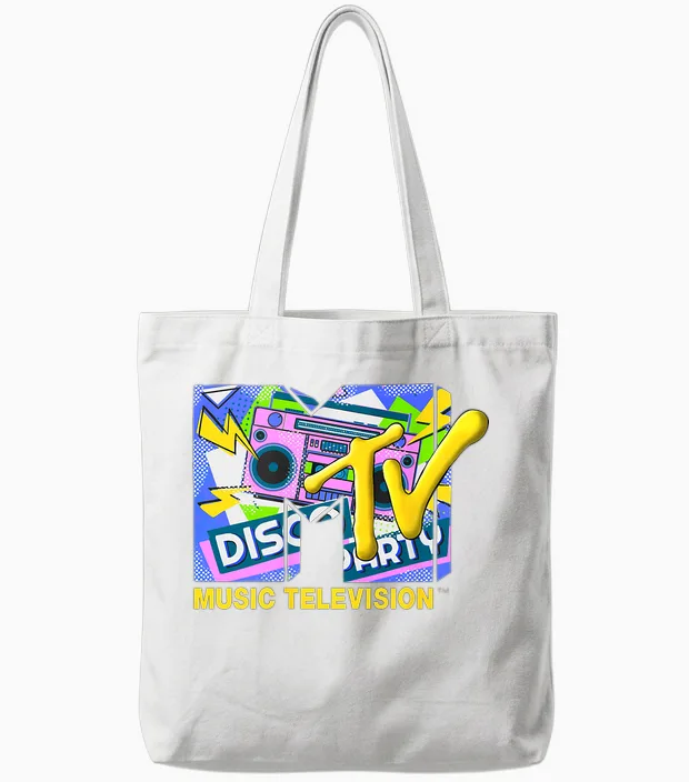 Mademark X Mtv - the Official Mtv Logo with Ghettoblaster for Disco Party Tote Bags in White