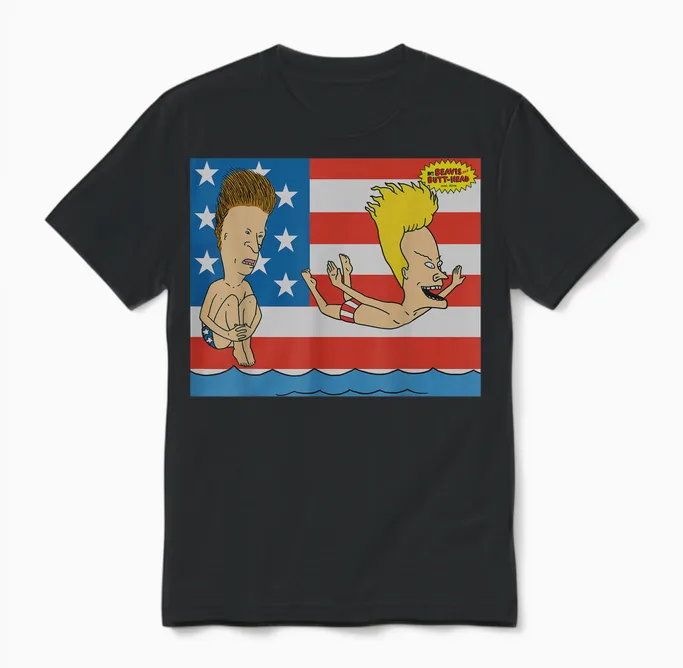 Beavis and Butt-Head Stars and Stripes Pool Day Unisex T-Shirt in Black