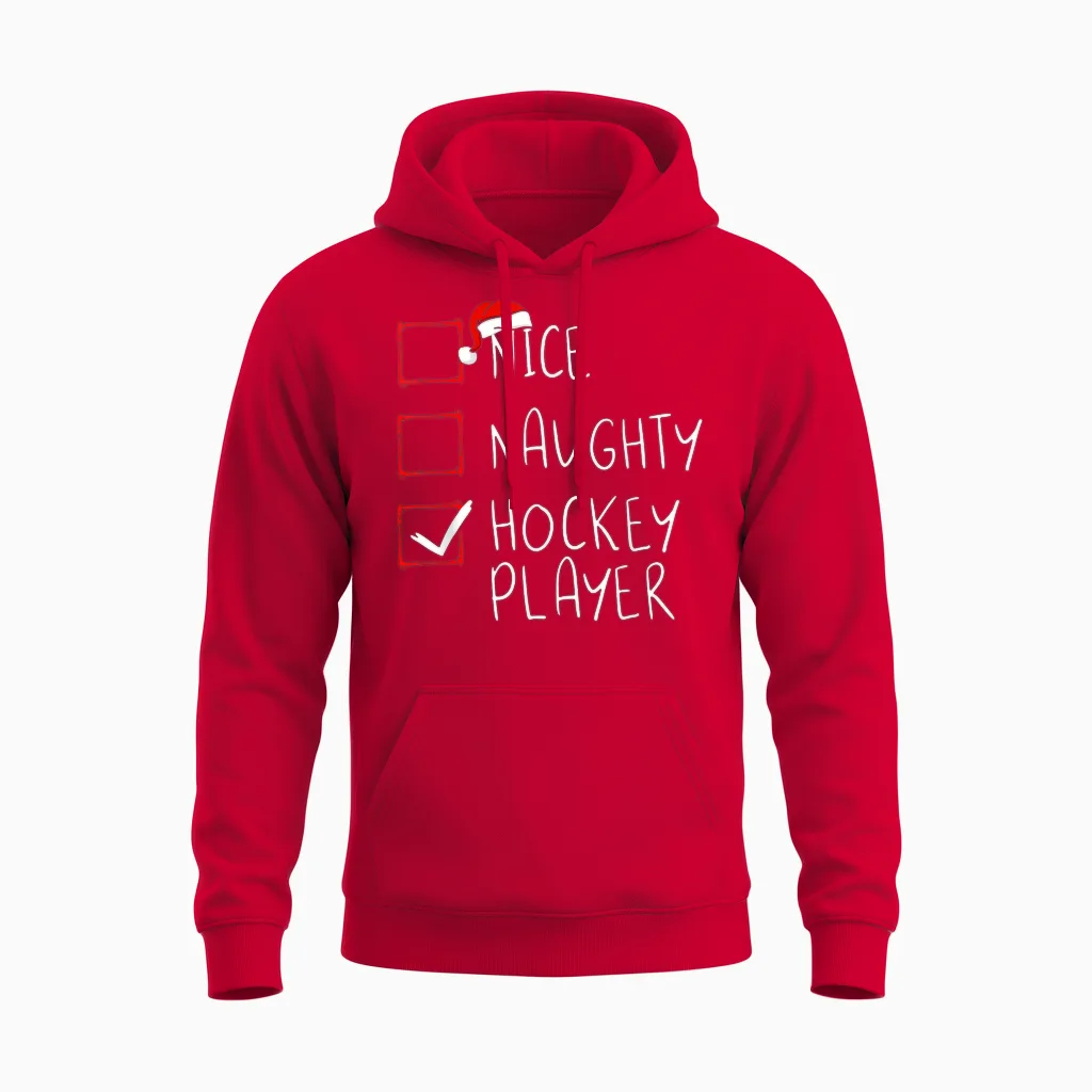 Nice Naughty Hockey Player List Christmas Santa Claus Unisex Hoodie in Red