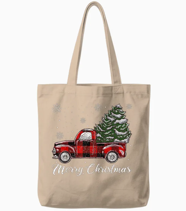 Christmas Tree Red Truck Pajama, Vintage Buffalo Plaid Truck Tote Bags in Natural