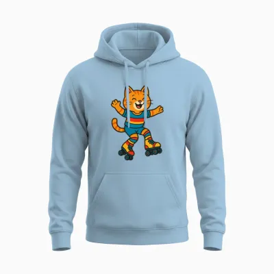 Joyful Roller Skating Cat Unisex Hoodie - Light Blue