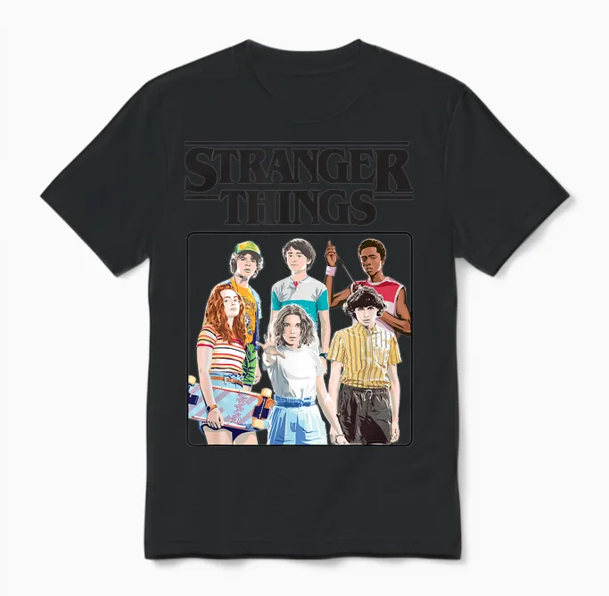 Stranger Things Vintage Eighties Retro Group Shot Title Logo Unisex T-Shirt in Black