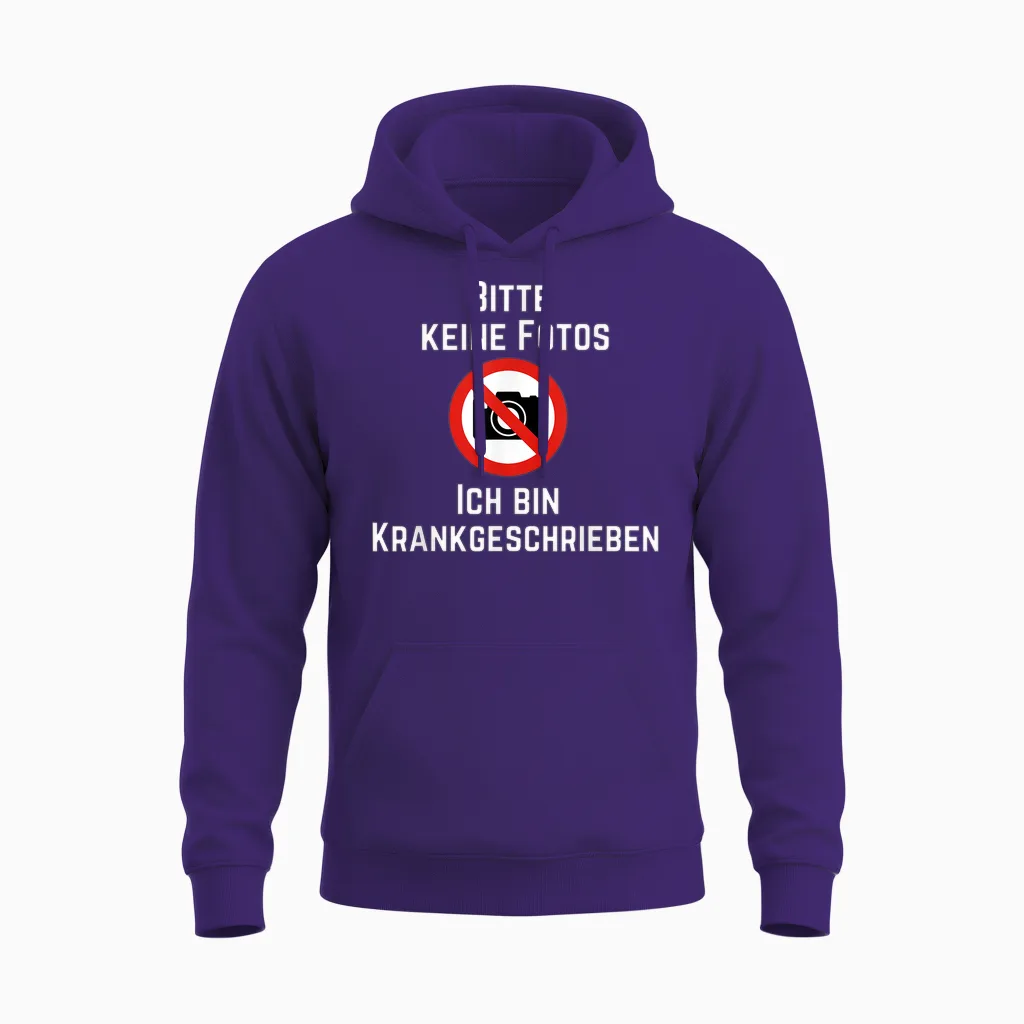Funny Photo T-Shirt with German Text "bitte Keine Fotos Ich Bin Krank" [german, Black Unisex Hoodie in Purple
