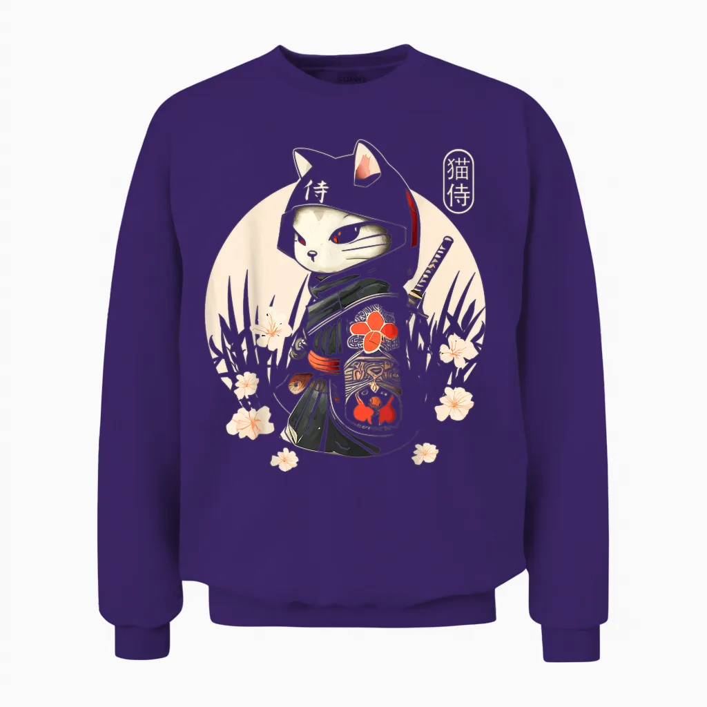 Japanese Samurai Cat for Cat Lovers Unisex Sweatshirt in Purple