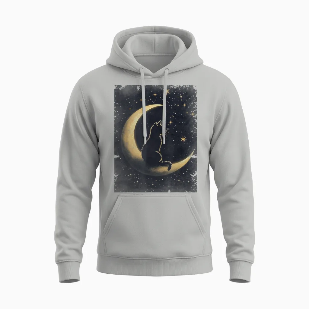 Coole Art Grafik Schwarze Katze Mit Mond Unisex Hoodie in Ash