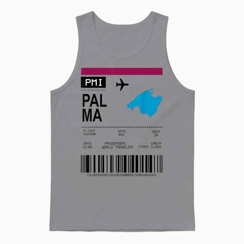 Bordticket Boarding Pass Palma Mallorca Travel Tour Flight T-Shirt, White Unisex Tank Top in Sport Grey