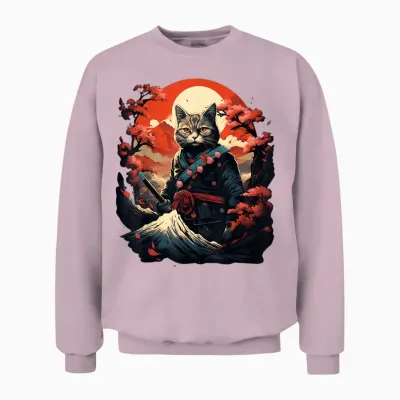 Japanese Art Cat Ninja Ukiyo-E Anime Style Samurai Cat Unisex Sweatshirt - Light Pink