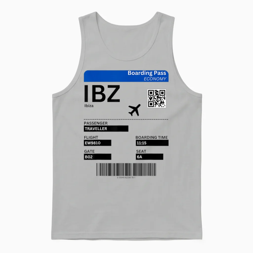 Boarding Pass Ibiza Ibz Flight Ticket Ibiza T-Shirt, Gray Unisex Tank Top in Ash