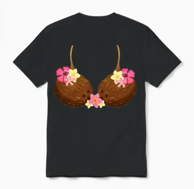 Funny Coconut Bra with Hawaiian Tropical Flowers Unisex T-Shirt - Black